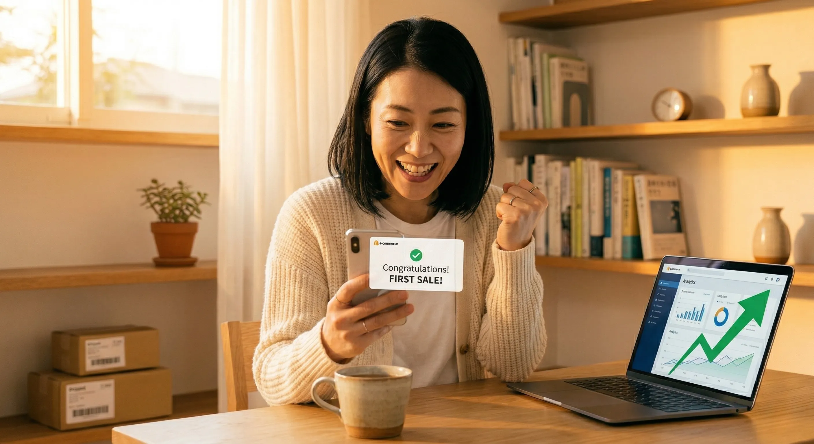 スマホを見て喜ぶ女性