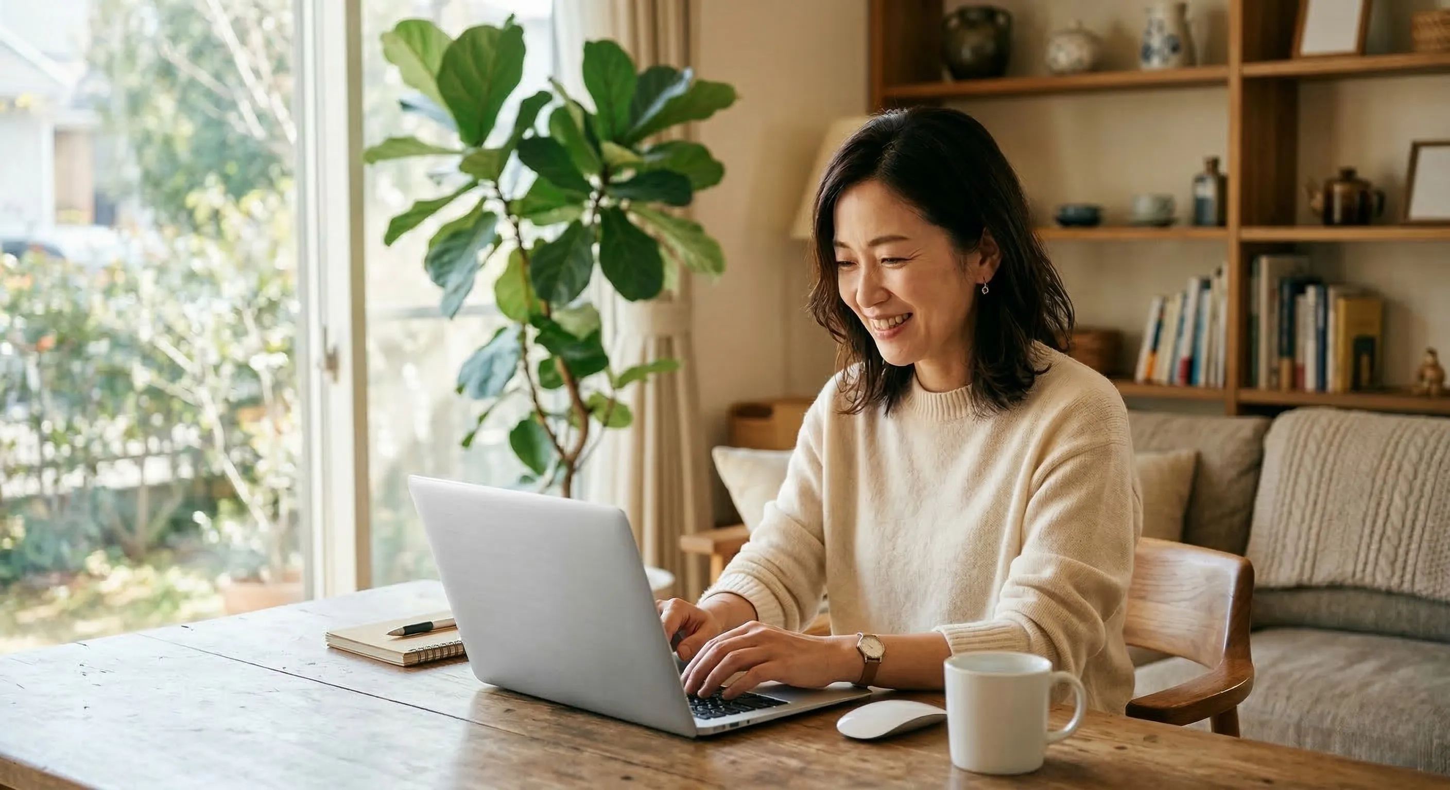 女性が自宅のリビングでパソコンを開いている様子