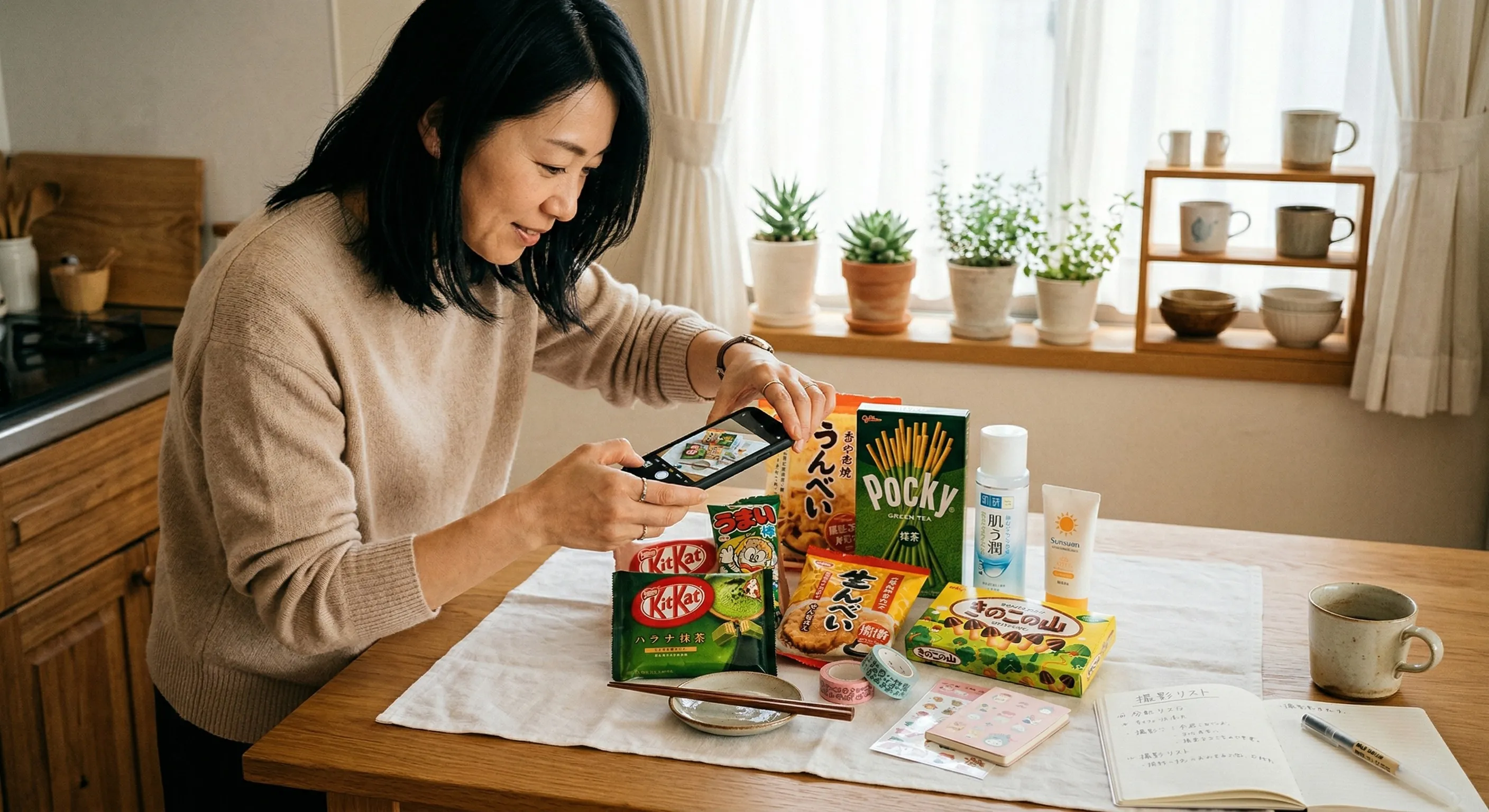 日本の商品をスマホで撮影する様子